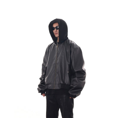 Sleek Hooded PU Leather Bomber Jacket Korean Street Fashion Jacket By Blacklists Shop Online at OH Vault