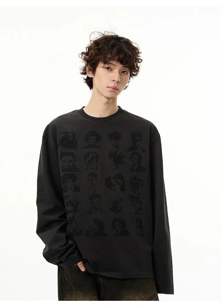 Multi-Face Graphic Long Sleeve T-Shirt Korean Street Fashion T-Shirt By 77Flight Shop Online at OH Vault