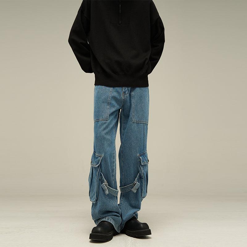 77Flight Washed Strap Pocket Cargo Jeans Korean Street Fashion Jeans By 77Flight Shop Online at OH Vault