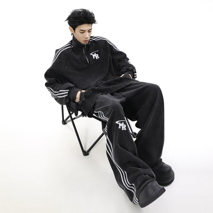 Logo Embroidery Side Stripes Half-Zip & Sweatpants Set