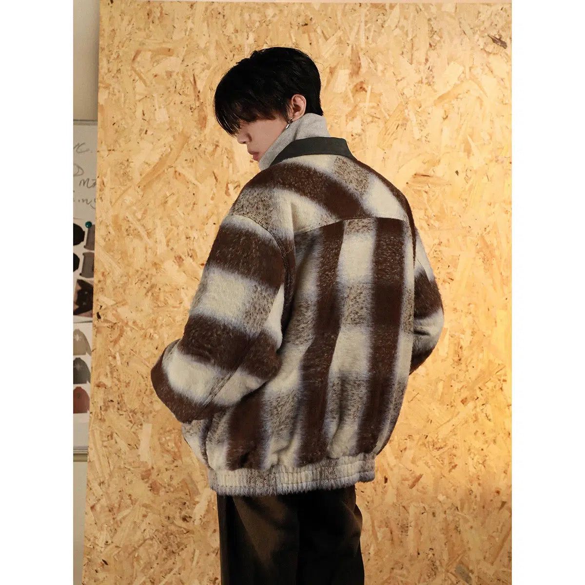 Collared Plaid Fur Jacket Korean Street Fashion Jacket By Mr Nearly Shop Online at OH Vault
