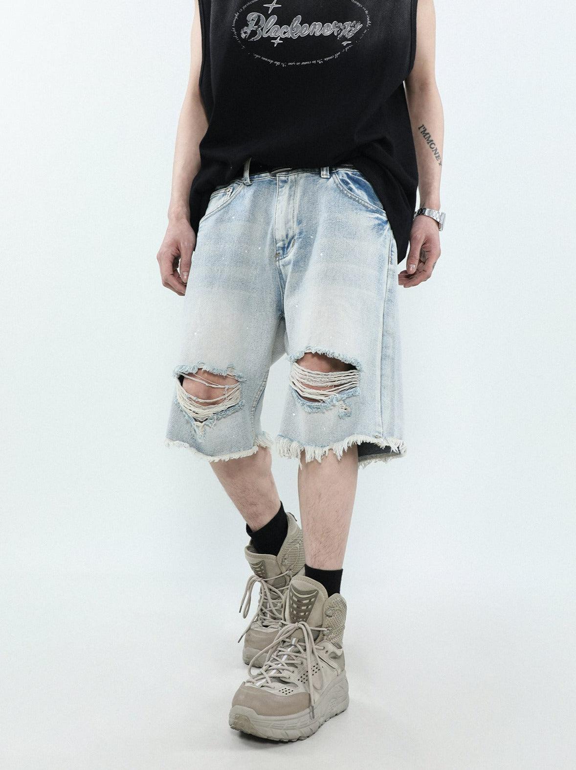 Mr Nearly Washed Tassel Ripped Denim Shorts Korean Street Fashion Shorts By Mr Nearly Shop Online at OH Vault
