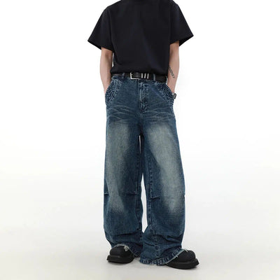 Faded Raw Edge Pleats Wide Jeans Korean Street Fashion Jeans By Mr Nearly Shop Online at OH Vault