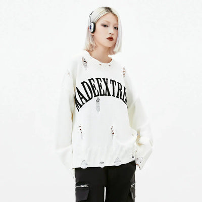 Curved Logo Distressed Sweater Korean Street Fashion Sweater By Made Extreme Shop Online at OH Vault