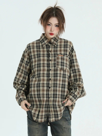 Plaid Pocket Detail Long Sleeve Shirt Korean Street Fashion Shirt By INS Korea Shop Online at OH Vault