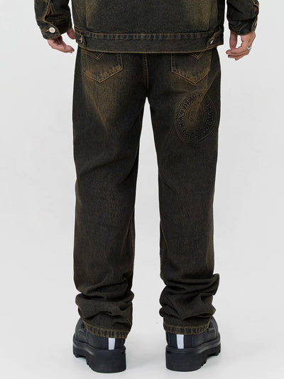 Made Extreme Washed Logo Patch Loose Straight Jeans Korean Street Fashion Jeans By Made Extreme Shop Online at OH Vault