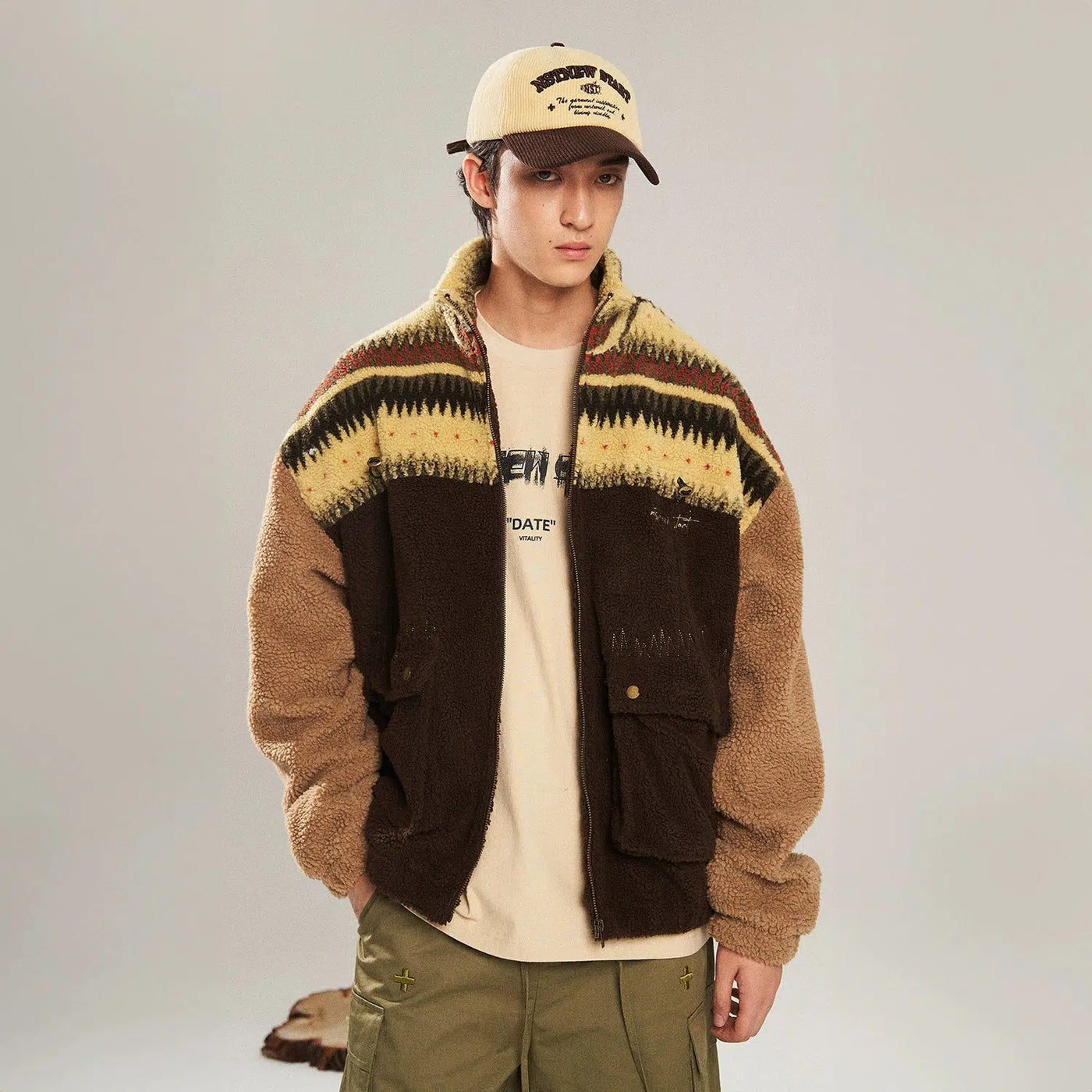 Vintage Patterned Sherpa Jacket Korean Street Fashion Jacket By New Start Shop Online at OH Vault
