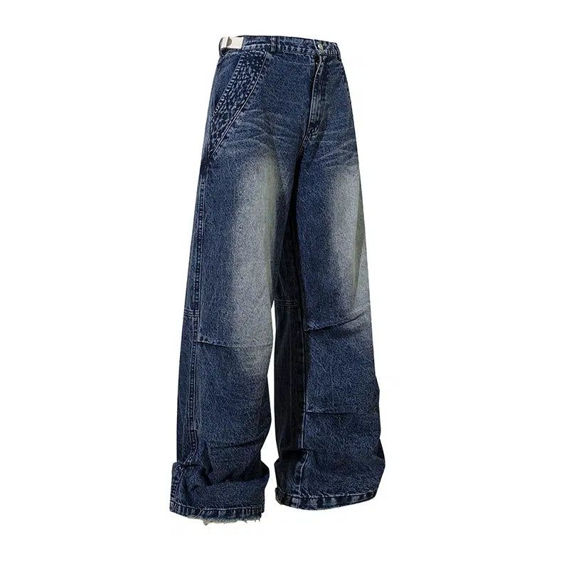 Faded Raw Edge Pleats Wide Jeans Korean Street Fashion Jeans By Mr Nearly Shop Online at OH Vault