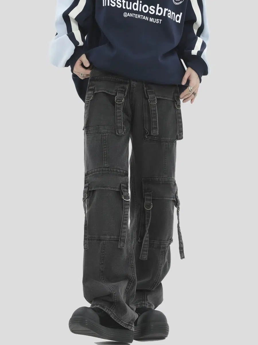 Straps Multi-Pocket Cargo Jeans Korean Street Fashion Jeans By INS Korea Shop Online at OH Vault