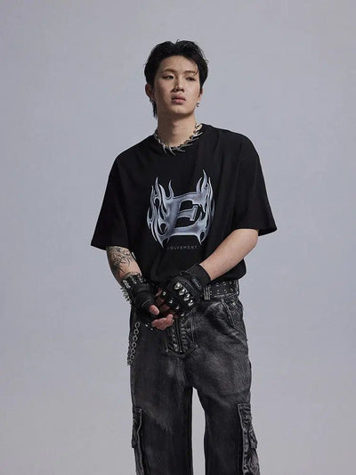 Metallic Flame Graphic T-Shirt Korean Street Fashion T-Shirt By Dark Fog Shop Online at OH Vault