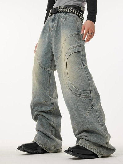 Dark Fog Washed Curved Stitches Wide Leg Jeans Korean Street Fashion Jeans By Dark Fog Shop Online at OH Vault