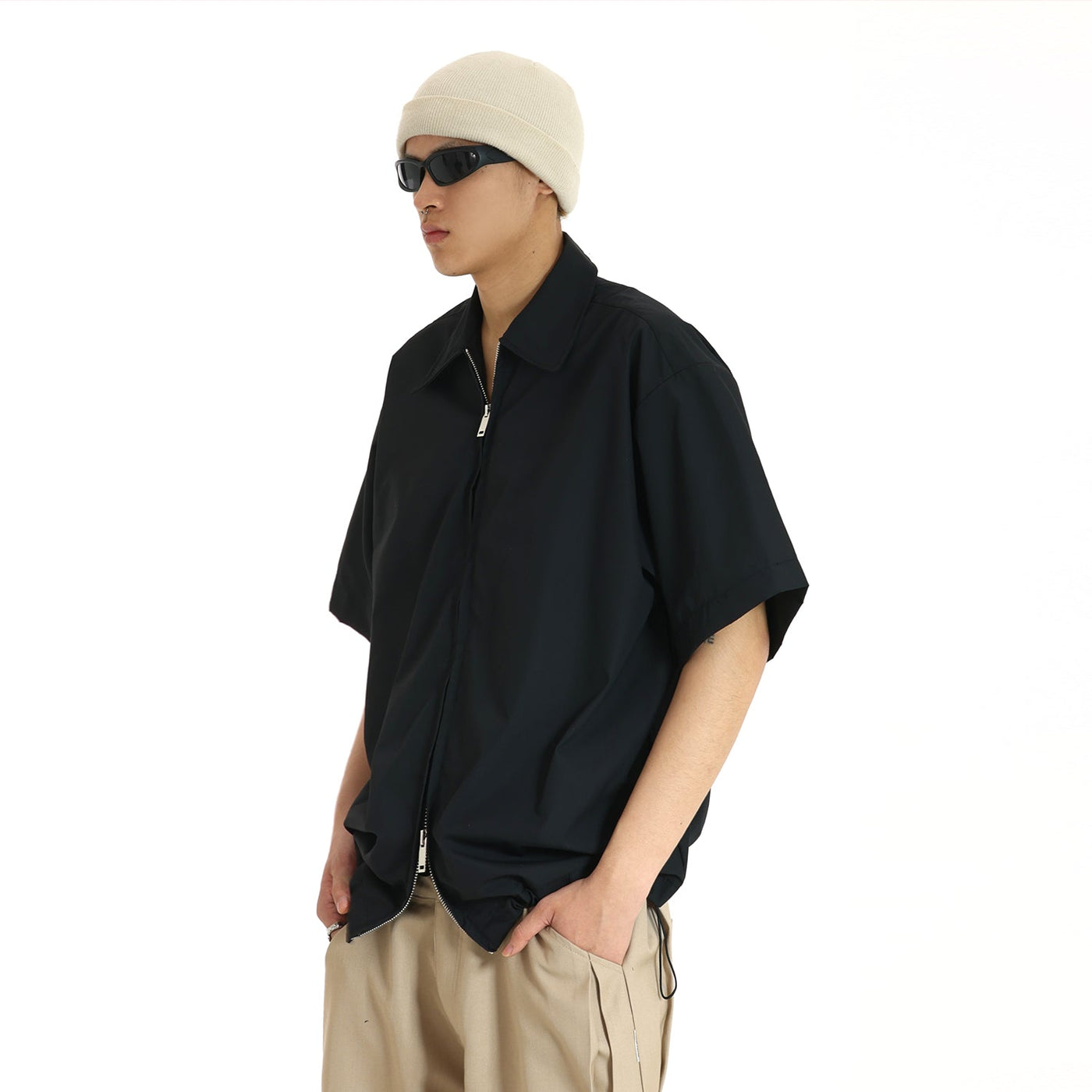 MEBXX Solid Drawstring Hem Zip-Up Shirt Korean Street Fashion Shirt By Made Extreme Shop Online at OH Vault