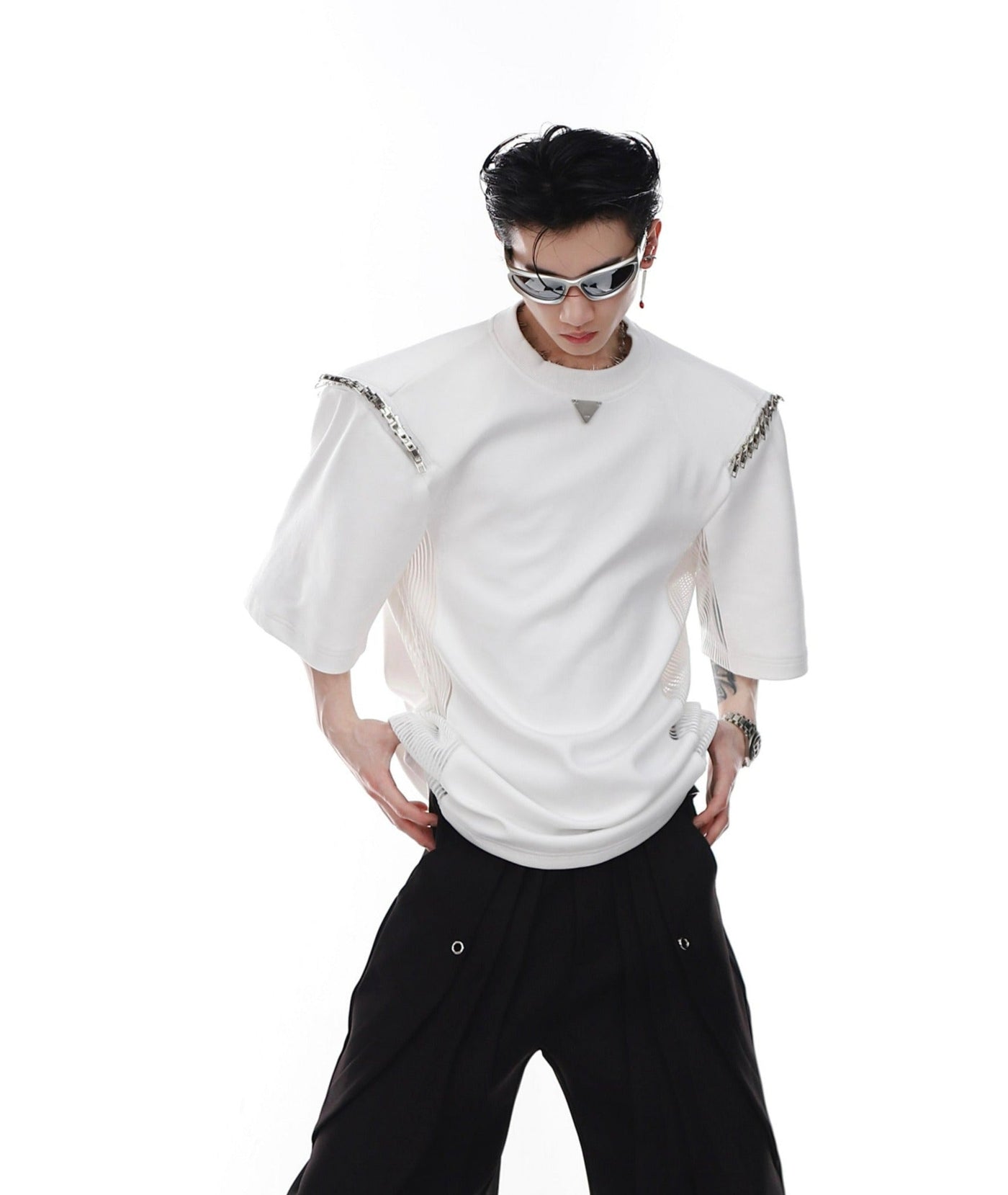 Mesh Detailed Metal Zip T-Shirt Korean Street Fashion T-Shirt By Argue Culture Shop Online at OH Vault