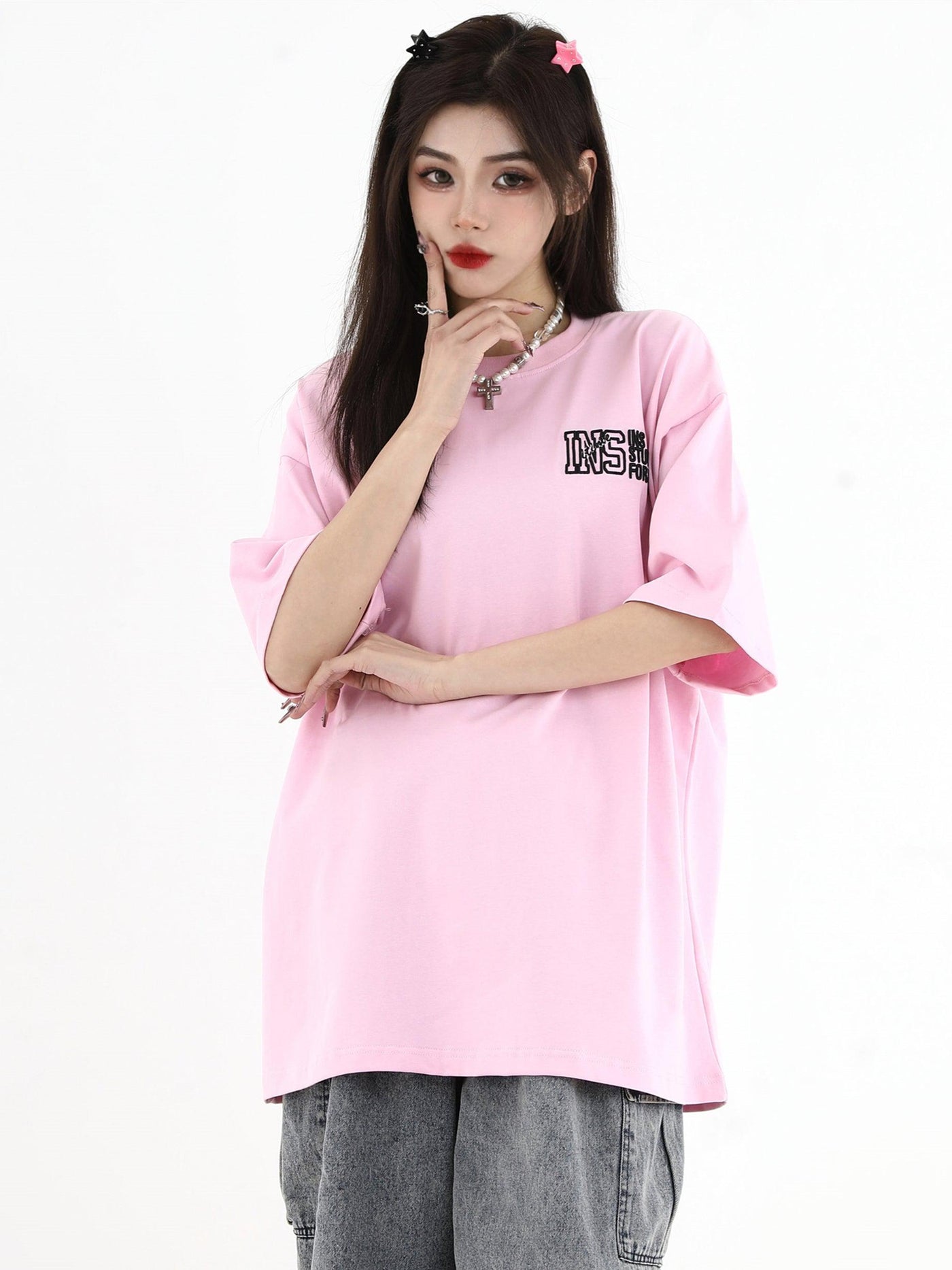 Basic Logo Embroidery T-Shirt Korean Street Fashion T-Shirt By INS Korea Shop Online at OH Vault