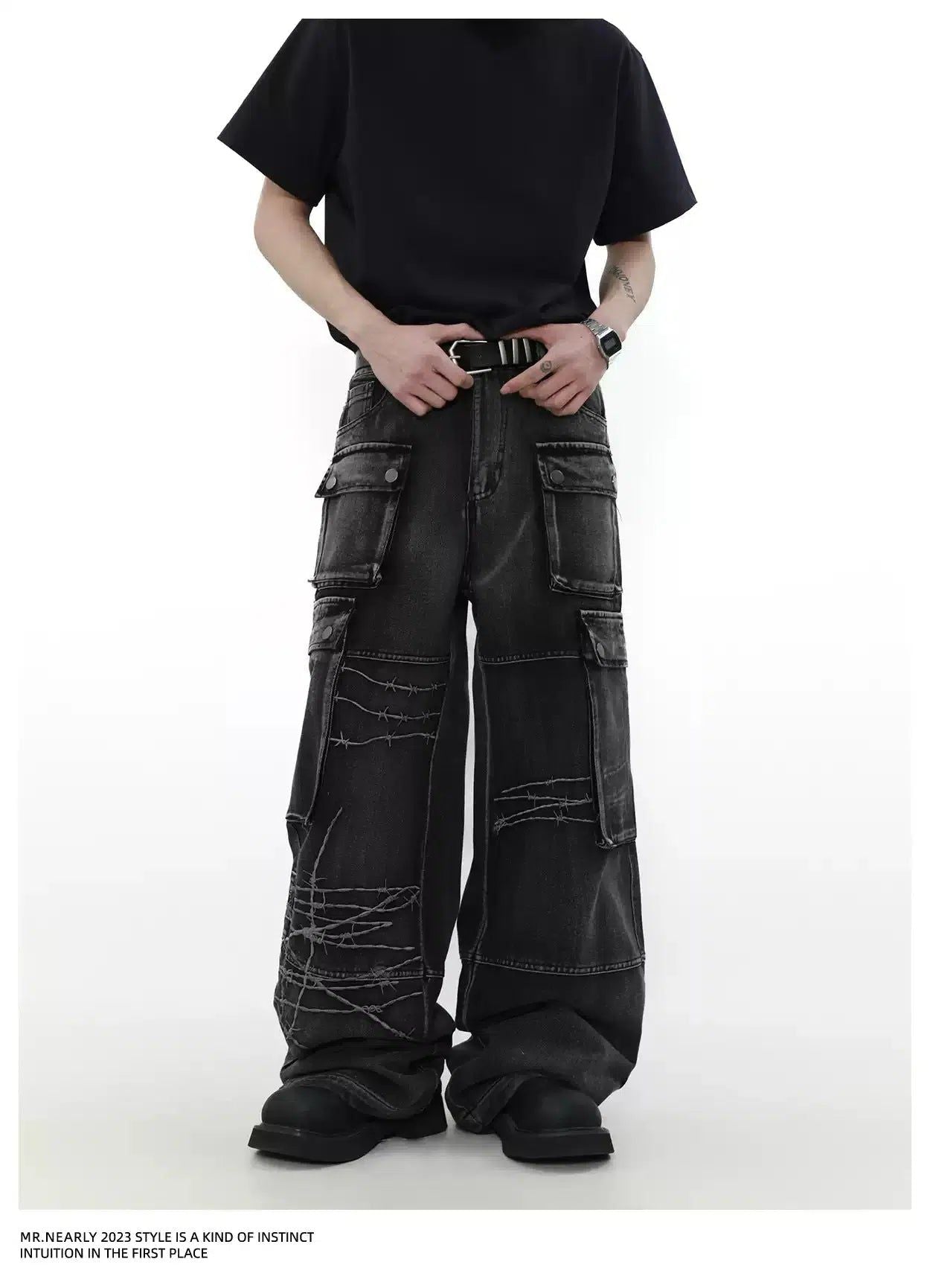 Washed Embroidered Cargo Jeans Korean Street Fashion Jeans By Mr Nearly Shop Online at OH Vault