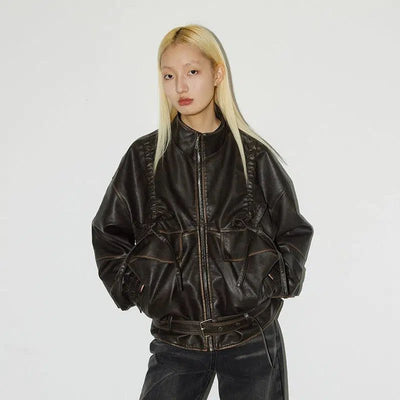 Ruched Hem PU Leather Jacket Korean Street Fashion Jacket By Conp Conp Shop Online at OH Vault