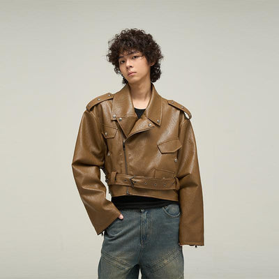 77Flight Diagonal Zip Belt Strap Faux Leather Jacket Korean Street Fashion Jacket By 77Flight Shop Online at OH Vault