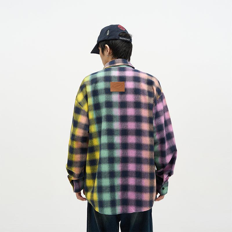 77Flight Rainbow Gradient Contrast Plaid Shirt Korean Street Fashion Shirt By 77Flight Shop Online at OH Vault