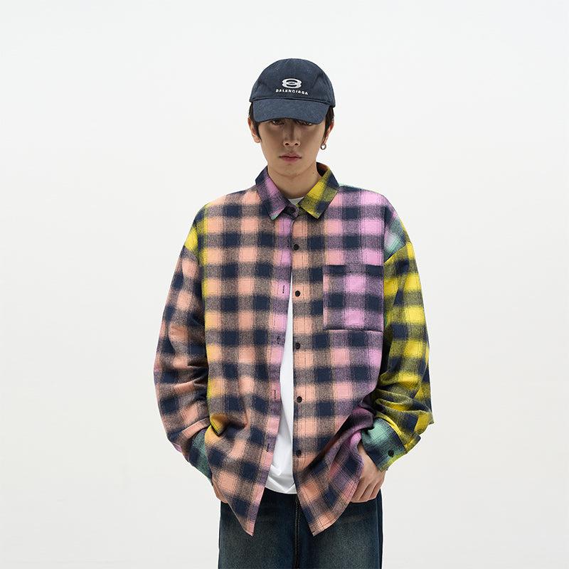 77Flight Rainbow Gradient Contrast Plaid Shirt Korean Street Fashion Shirt By 77Flight Shop Online at OH Vault