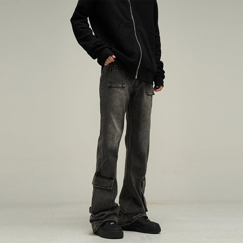 77Flight Washed Irregular Pockets Flare Leg Jeans Korean Street Fashion Jeans By 77Flight Shop Online at OH Vault