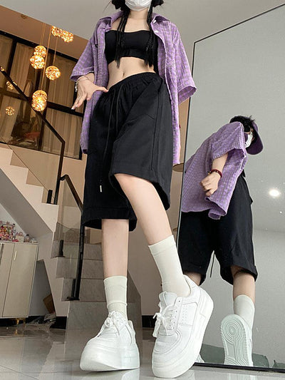 Made Extreme Drawstring Waist Wide Cut Shorts Korean Street Fashion Shorts By Made Extreme Shop Online at OH Vault