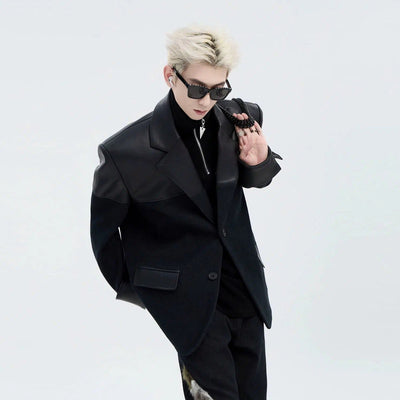 Spliced Denim PU Leather Blazer Korean Street Fashion Blazer By Slim Black Shop Online at OH Vault