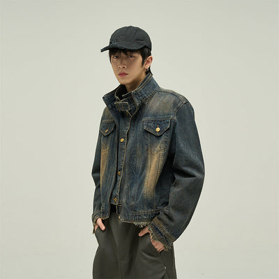 Frayed Hem Strap Faded Moto Denim Jacket Korean Street Fashion Jacket By 77Flight Shop Online at OH Vault