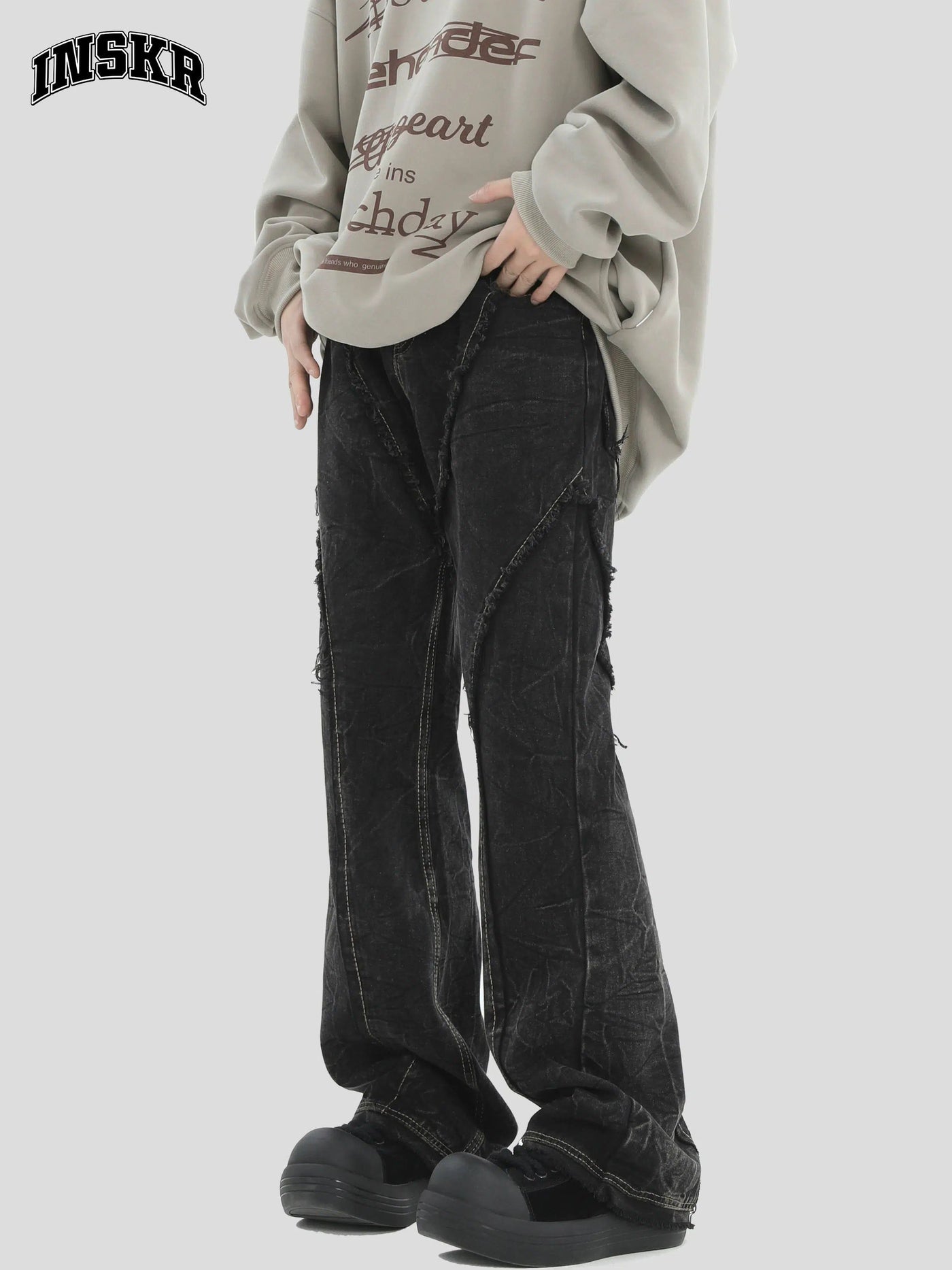 Frayed Lines Washed Jeans Korean Street Fashion Jeans By INS Korea Shop Online at OH Vault