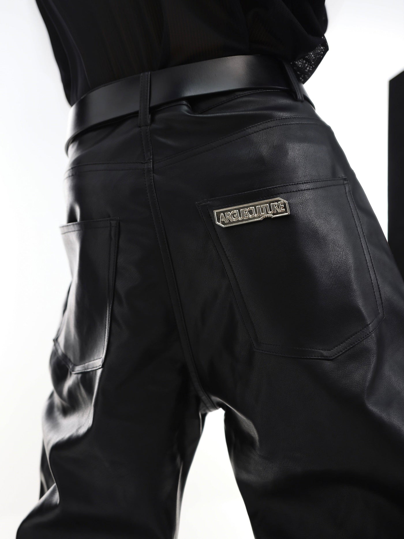 Argue Culture Metal Logo Back Textured Leather Pants Korean Street Fashion Pants By Argue Culture Shop Online at OH Vault