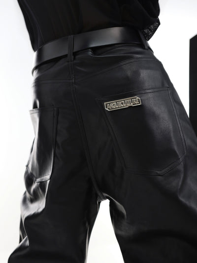 Metal Logo Back Textured Leather Pants Korean Street Fashion Pants By Argue Culture Shop Online at OH Vault