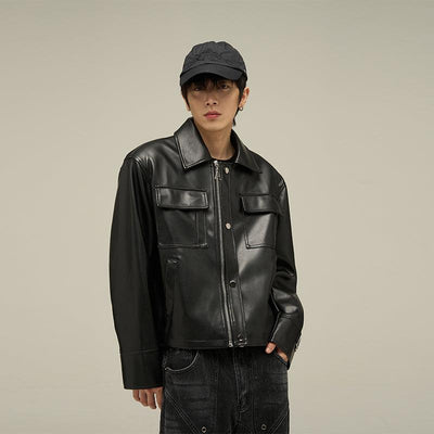 77Flight Flap Pockets Clean Fit Faux Leather Jacket Korean Street Fashion Jacket By 77Flight Shop Online at OH Vault