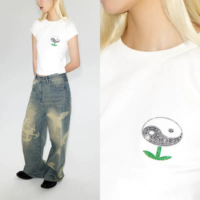 Conp Conp Yin Yang Plant Rhinestone T-Shirt Korean Street Fashion T-Shirt By Conp Conp Shop Online at OH Vault