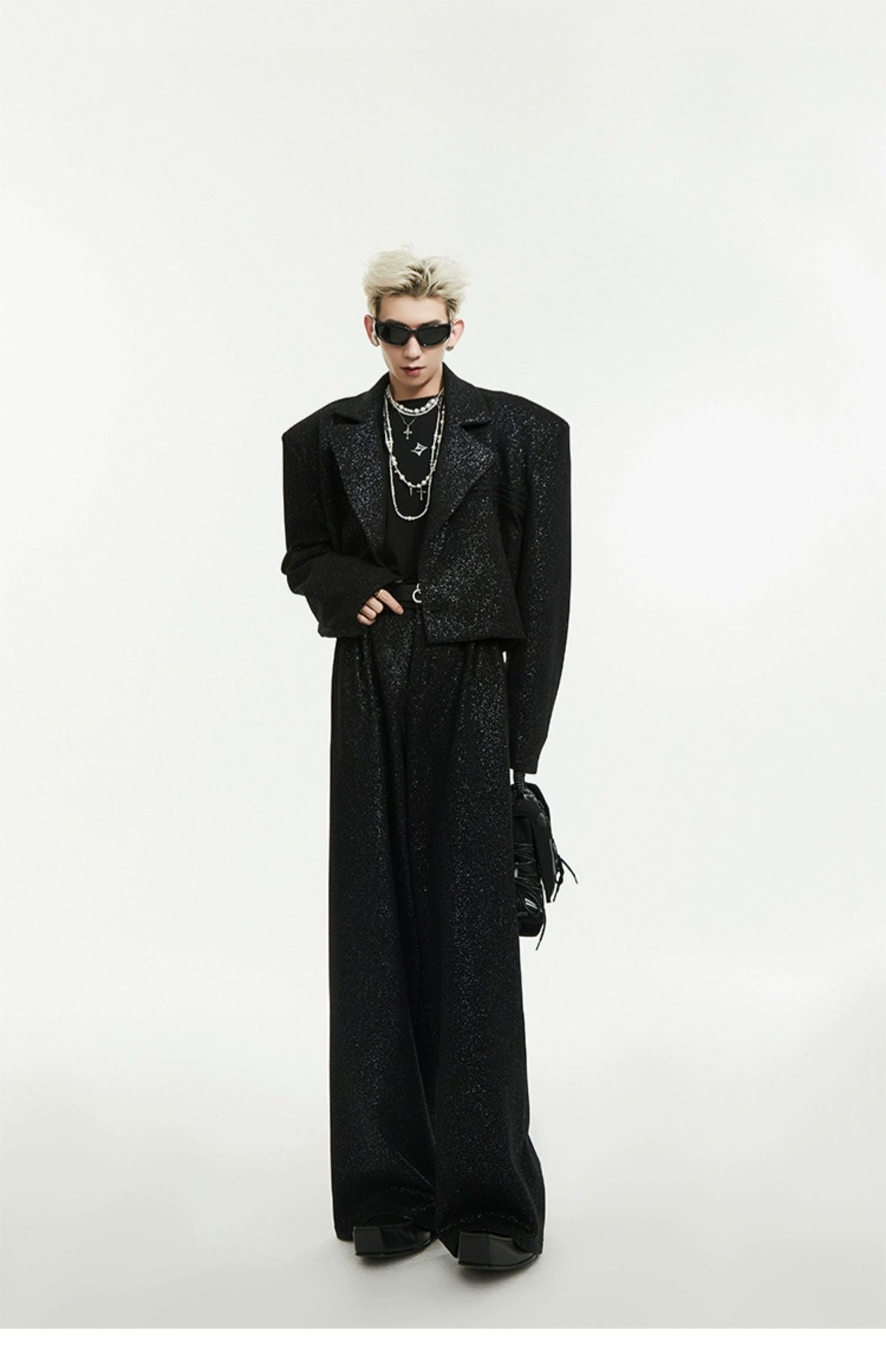 Shoulder Pad Sequined Blazer & Loose Trousers Set Korean Street Fashion Clothing Set By Slim Black Shop Online at OH Vault