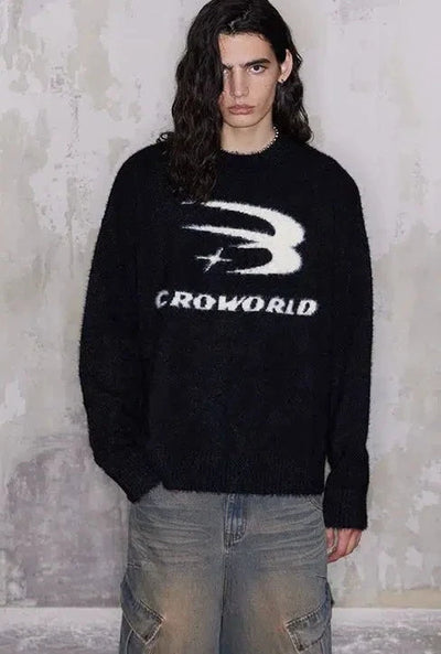 Cro World Logo Casual Fuzzy Sweater Korean Street Fashion Sweater By Cro World Shop Online at OH Vault