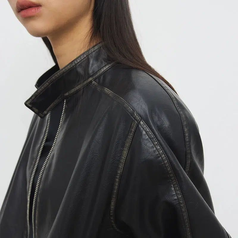 Zipped Vintage PU Leather Jacket Korean Street Fashion Jacket By Conp Conp Shop Online at OH Vault