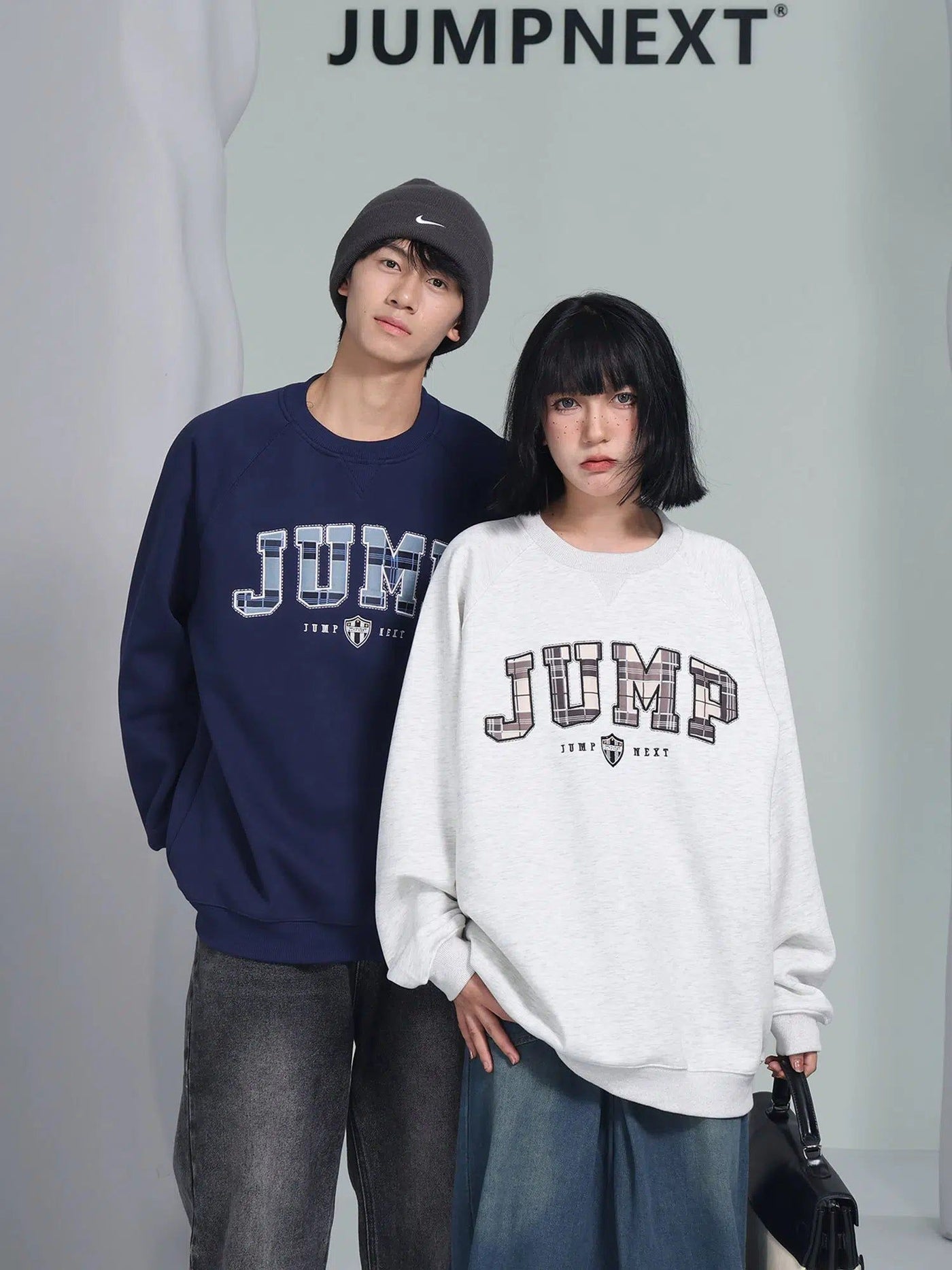Plaid Logo Detail Crewneck Korean Street Fashion Crewneck By Jump Next Shop Online at OH Vault