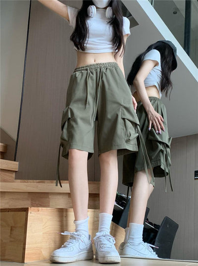 Flap Pocket Ribbon Tie Straight Shorts Korean Street Fashion Shorts By Made Extreme Shop Online at OH Vault