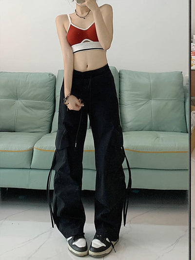 Made Extreme Solid Lace Knot Cargo Pants Korean Street Fashion Pants By Made Extreme Shop Online at OH Vault