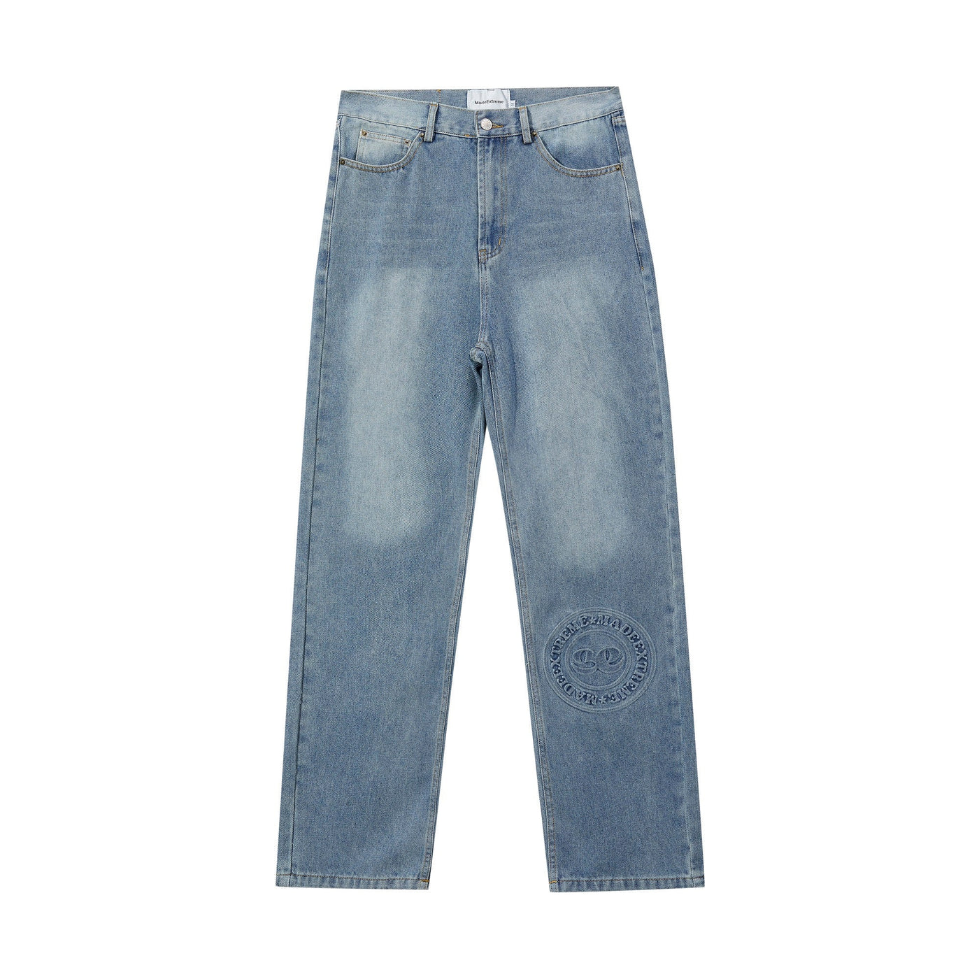 Made Extreme Washed Logo Patch Loose Straight Jeans Korean Street Fashion Jeans By Made Extreme Shop Online at OH Vault