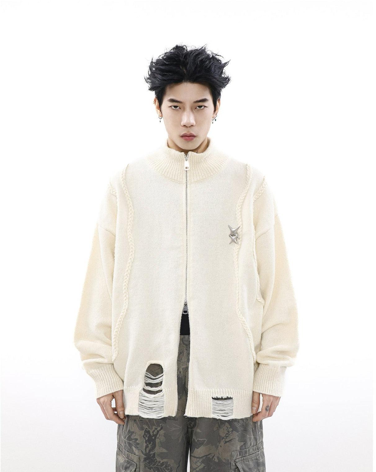 Mr Nearly Ripped Hole Metal Accent Knit Jacket Korean Street Fashion Jacket By Mr Nearly Shop Online at OH Vault
