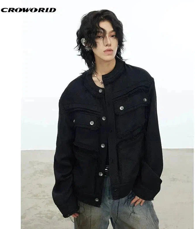 Flap Pocket Buttons Raw Edge Jacket Korean Street Fashion Jacket By Cro World Shop Online at OH Vault
