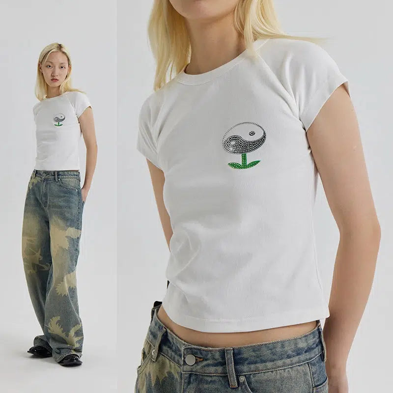 Conp Conp Yin Yang Plant Rhinestone T-Shirt Korean Street Fashion T-Shirt By Conp Conp Shop Online at OH Vault