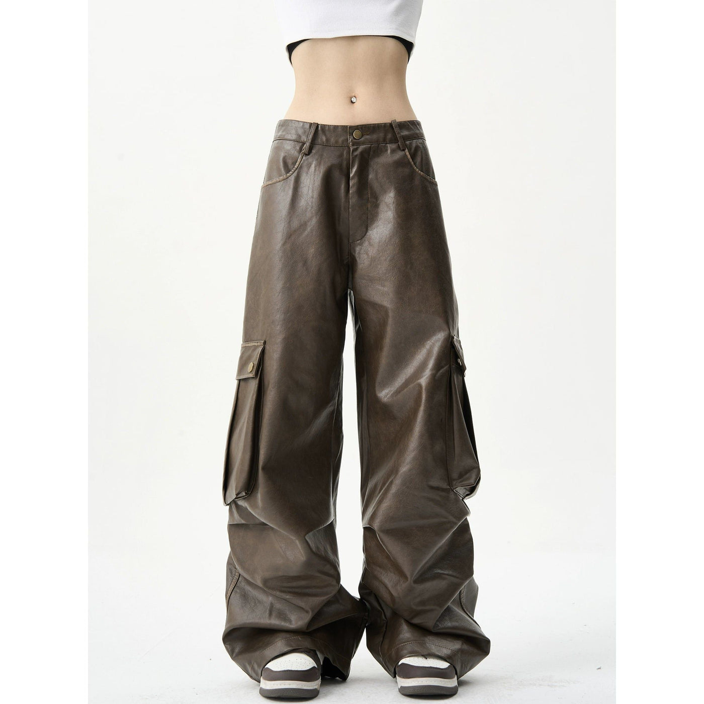 Oversized Pocket PU Leather Cargo Pants Korean Street Fashion Pants By MaxDstr Shop Online at OH Vault