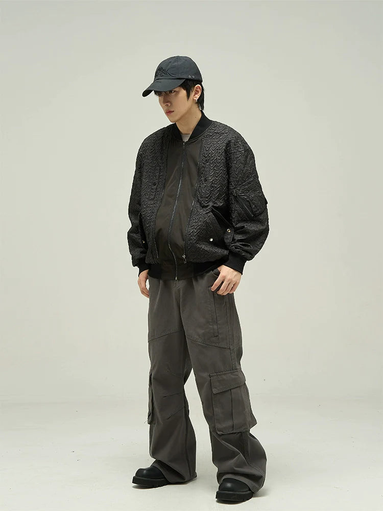 77Flight Slant Pocket Pleats Textured Bomber Jacket Korean Street Fashion Jacket By 77Flight Shop Online at OH Vault