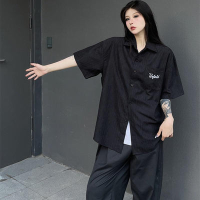 Urferld Text Vertical Striped Shirt Korean Street Fashion Shirt By Made Extreme Shop Online at OH Vault
