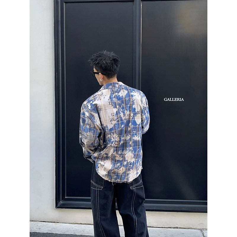 Plaid Tie-Dye Long Sleeve Shirt Korean Street Fashion Shirt By Poikilotherm Shop Online at OH Vault