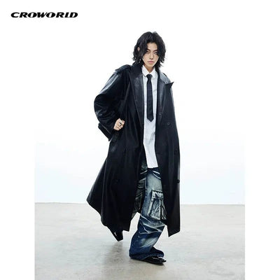 Peak Lapel PU Leather Trench Coat Korean Street Fashion Long Coat By Cro World Shop Online at OH Vault