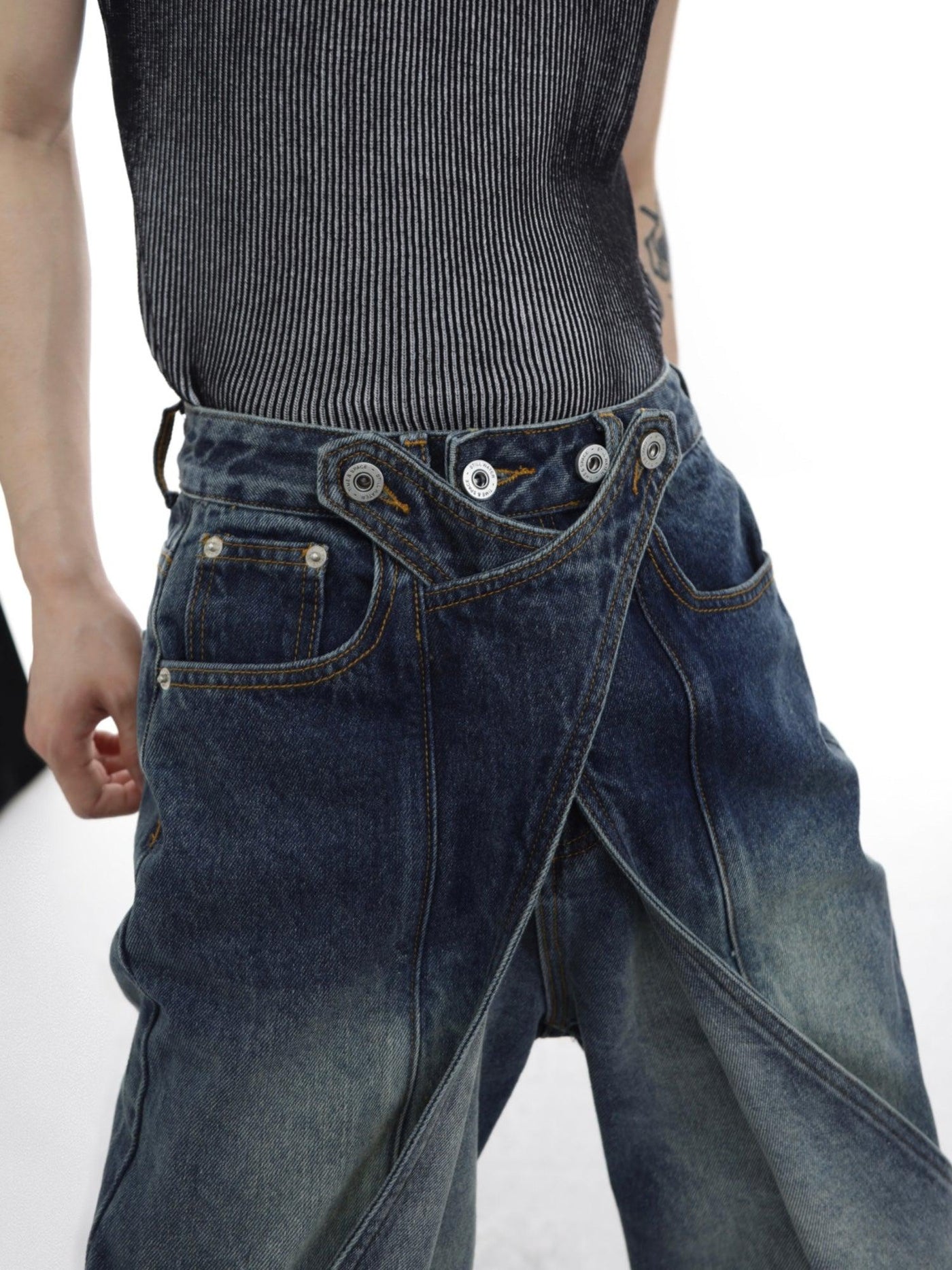 Argue Culture Washed Irregular Cut Buttoned Jeans Korean Street Fashion Jeans By Argue Culture Shop Online at OH Vault