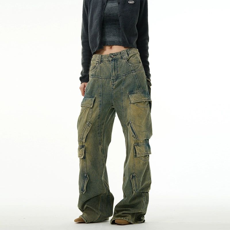 Mid-Rise Faded Wide Cargo Jeans Korean Street Fashion Jeans By 77Flight Shop Online at OH Vault