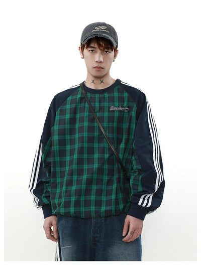 Plaid Three-Stripes Sports Crewneck Korean Street Fashion Crewneck By Mr Nearly Shop Online at OH Vault